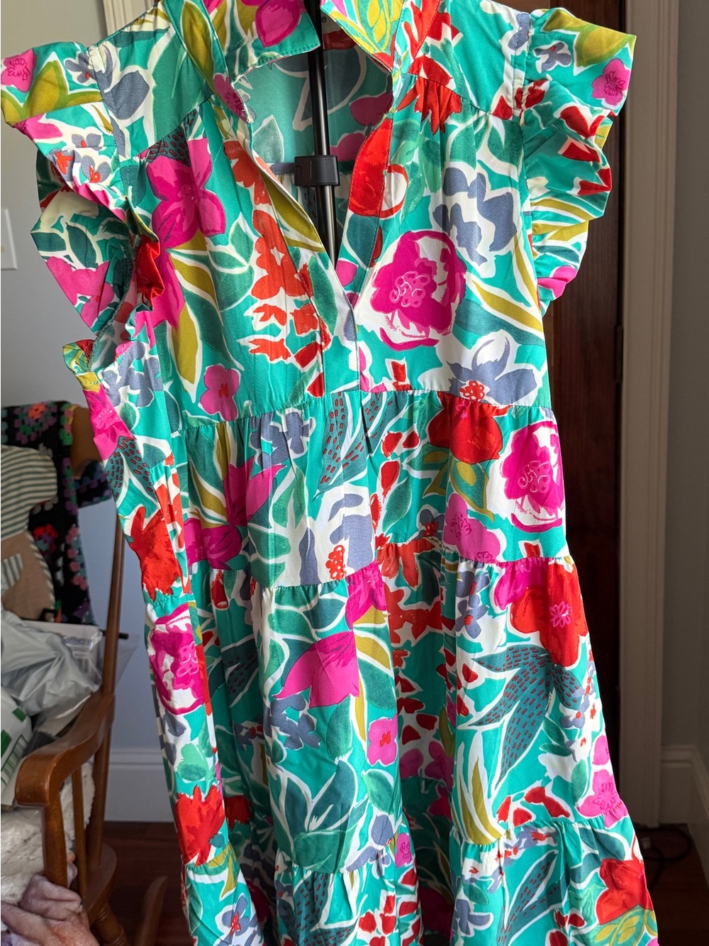 Umgee Teal Floral Midi Dress with Pink & Red Accents